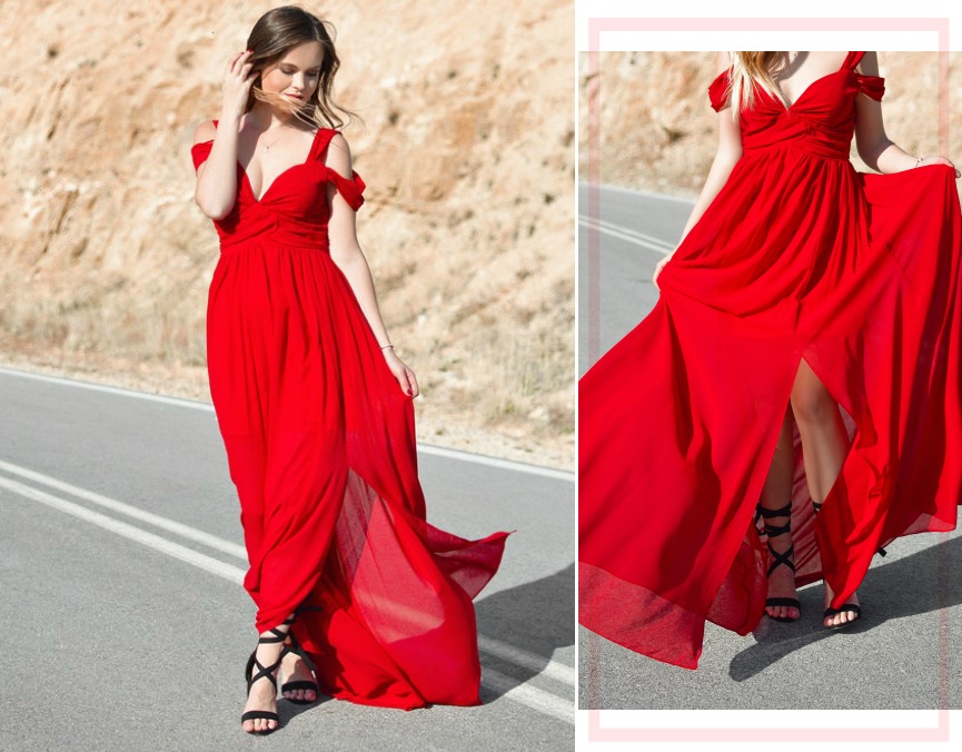 Kombinieren Sie schwarze oder beige Heels mit einem roten Kleid